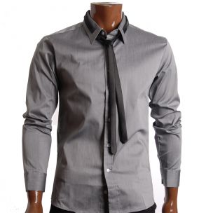 Mens Slim Fit Dress Shirts with Tie Gray